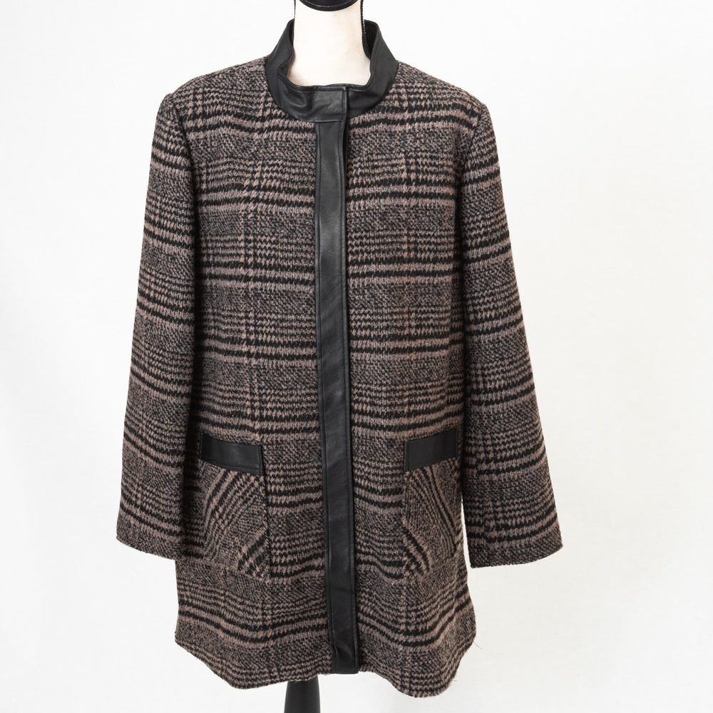 Plaid tweed faux leather trim jacket & scarf Dennis Basso XL